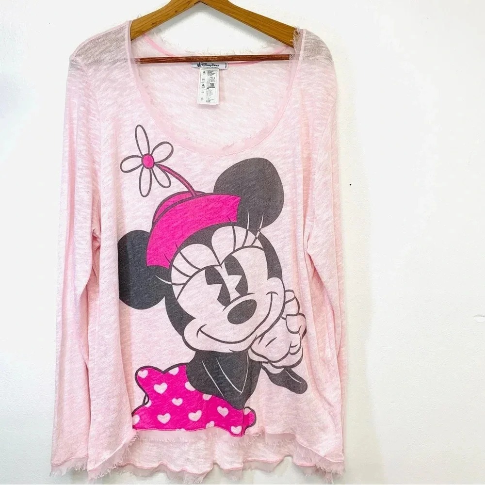 Disney Parks Sweater Woman XXL Minnie Mouse Pink Burnout Thin Fringe Long Sleeve